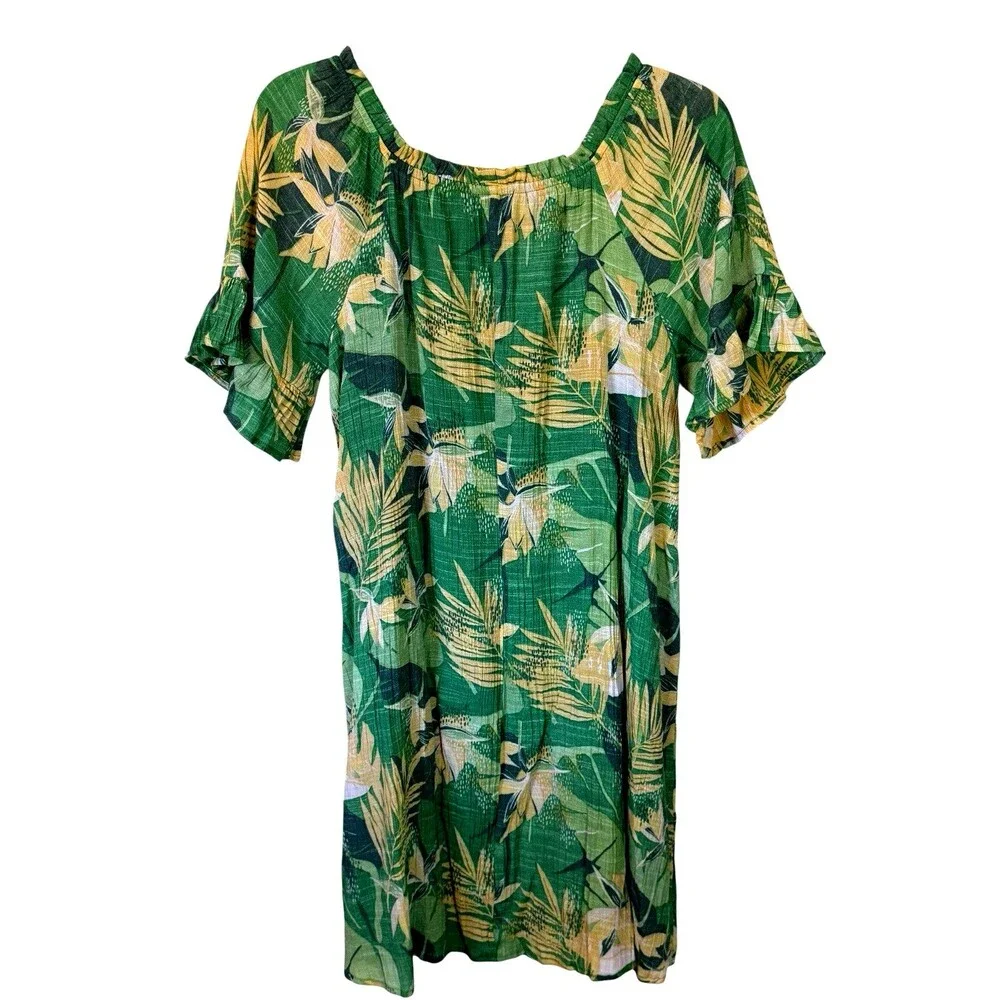 Naif Tropical Floral Shift Dress Womens Medium Green Yellow Ruffle Sleeve Boho - Picture 5 of 10
